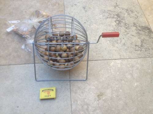 bingo cage vintage tumbler wheel,  and balls , with brass ball scoop