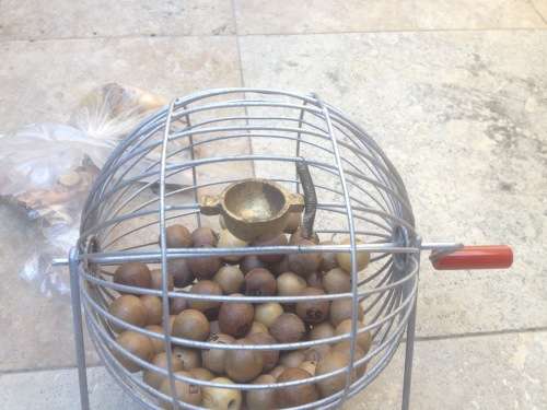 bingo cage vintage tumbler wheel,  and balls , with brass ball scoop