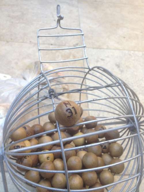 bingo cage vintage tumbler wheel,  and balls , with brass ball scoop