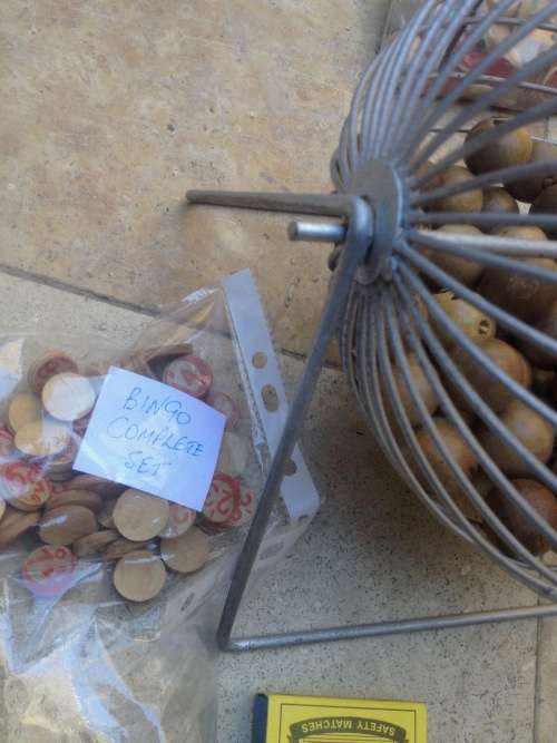 bingo cage vintage tumbler wheel,  and balls , with brass ball scoop