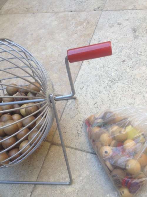 bingo cage vintage tumbler wheel,  and balls , with brass ball scoop