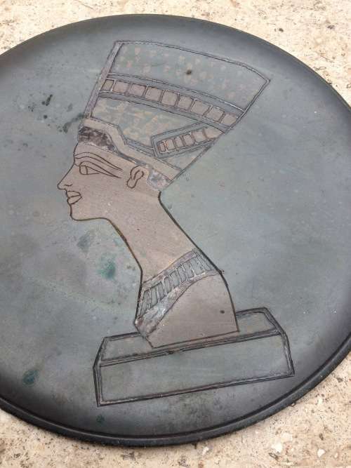 vintage egyptian engraved Nefertiti copper wall plate