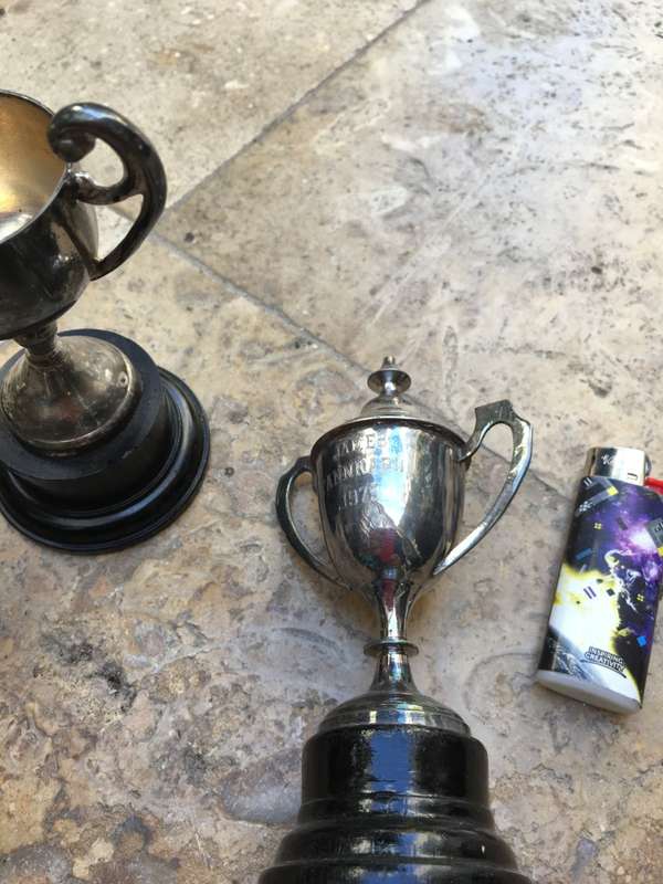 3 old trophies , 1945 - 1979 (one med 2 small)