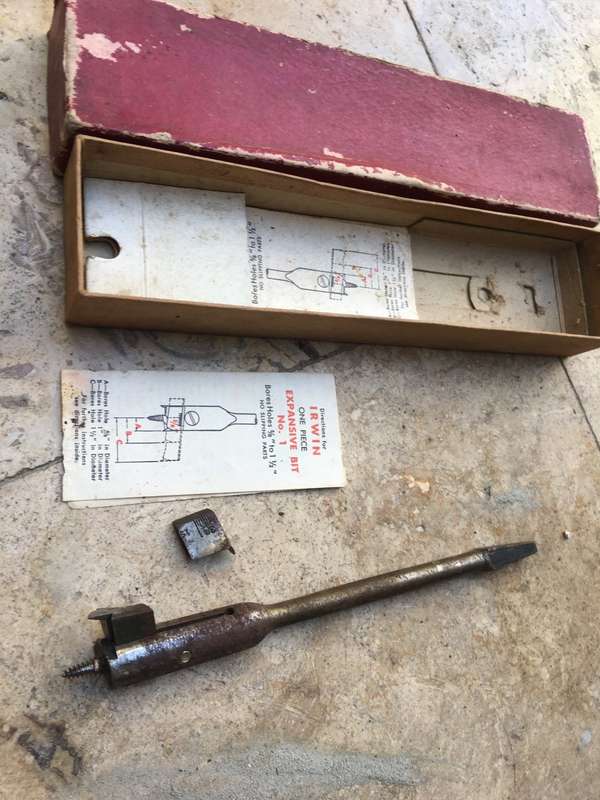 vintage Irwin one piece expansive bit (holes 5/6-1 1/2) in box with instructions