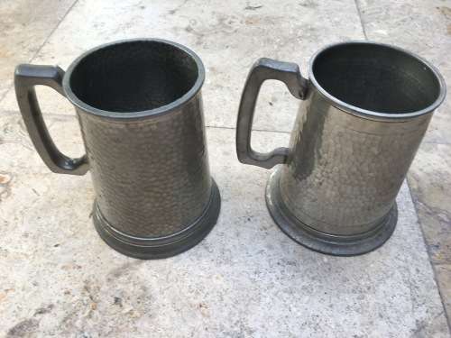 vintage pewter beer mug pair , glass bottom