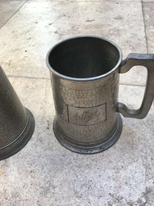 vintage pewter beer mug pair , glass bottom