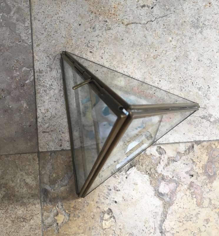 vintage brass glass curio Pyramid display case , with smurfs