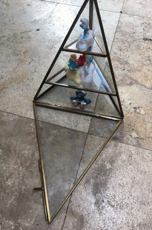vintage brass glass curio Pyramid display case , with smurfs