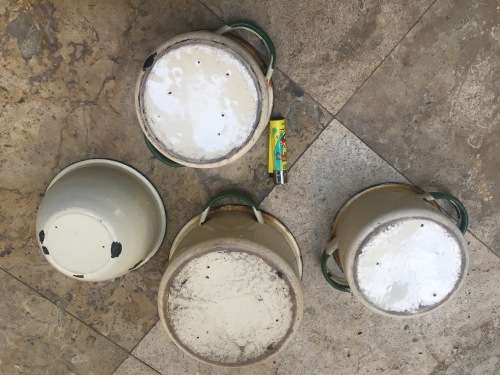 vintage judge cream and green enamel pots and one bowl