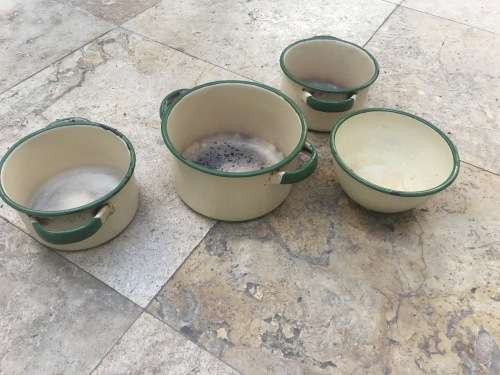 vintage judge cream and green enamel pots and one bowl