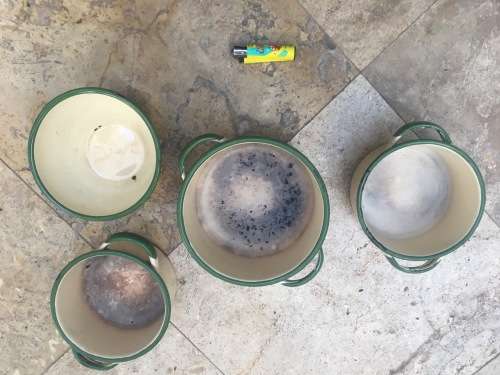 vintage judge cream and green enamel pots and one bowl