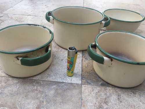 vintage judge cream and green enamel pots and one bowl