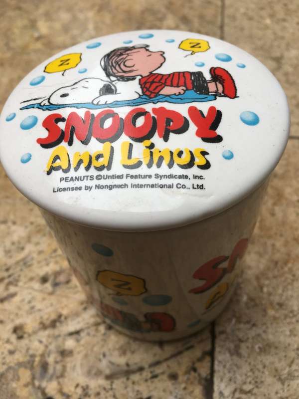 snoopy and Linos coffee cup and lid , peanuts