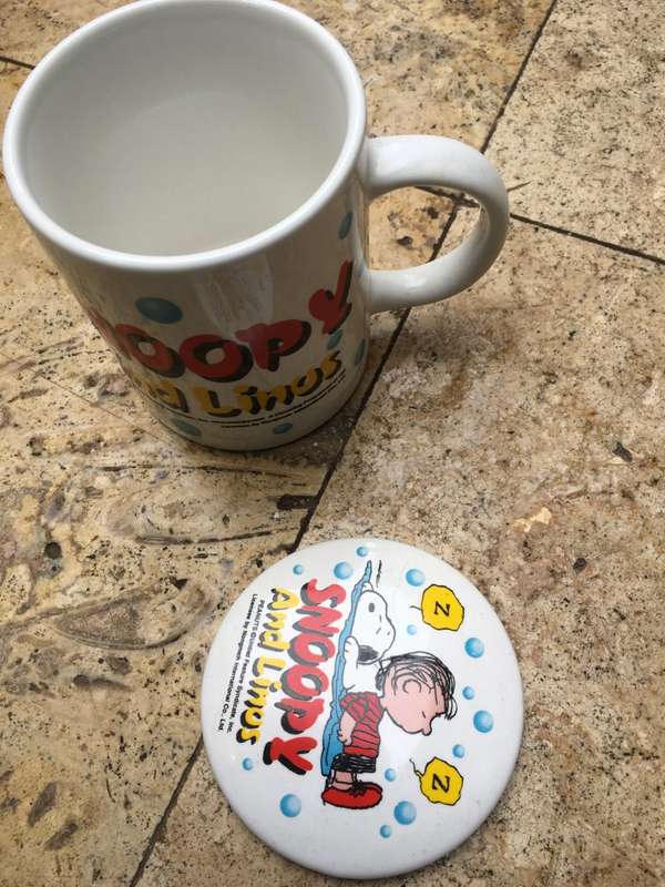 snoopy and Linos coffee cup and lid , peanuts