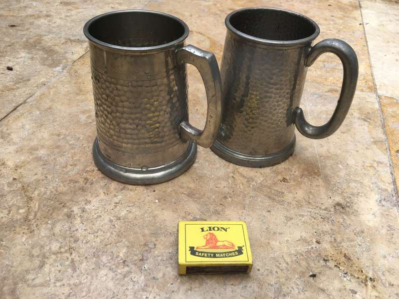 vintage English pewter beer mug tankard pair , hammered fin glass bottom