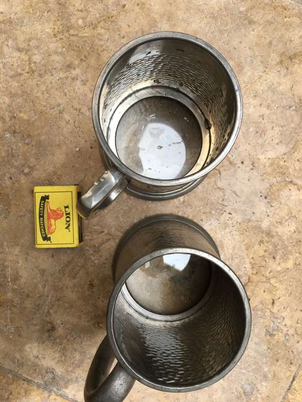 vintage English pewter beer mug tankard pair , hammered fin glass bottom