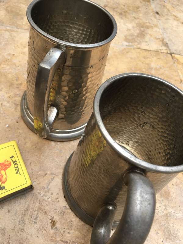 vintage English pewter beer mug tankard pair , hammered fin glass bottom