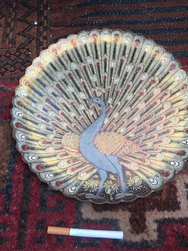 Old Collective Vintage Brass Peacock Enamel Plate Wall Showpiece