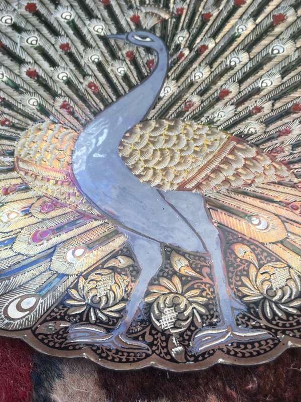 Old Collective Vintage Brass Peacock Enamel Plate Wall Showpiece