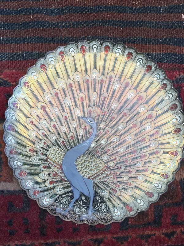 Old Collective Vintage Brass Peacock Enamel Plate Wall Showpiece