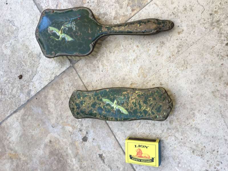 vintage clothes hair brush pair , brass handled , hand painted