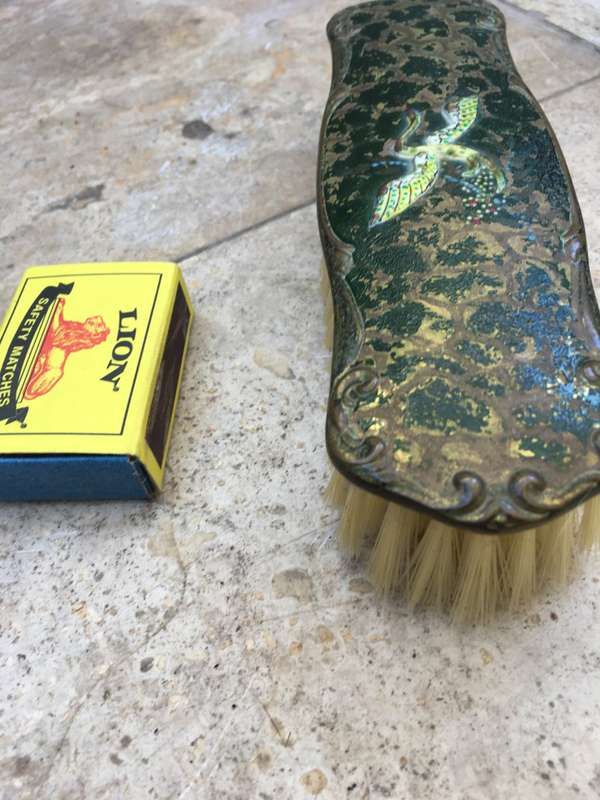vintage clothes hair brush pair , brass handled , hand painted