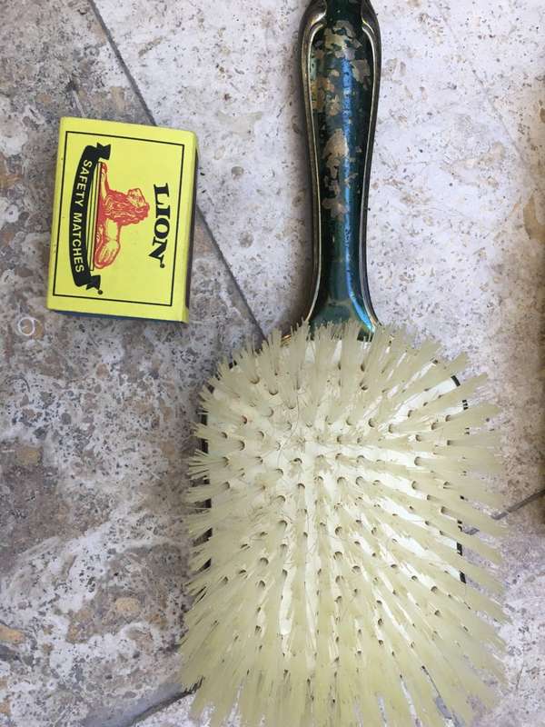 vintage clothes hair brush pair , brass handled , hand painted