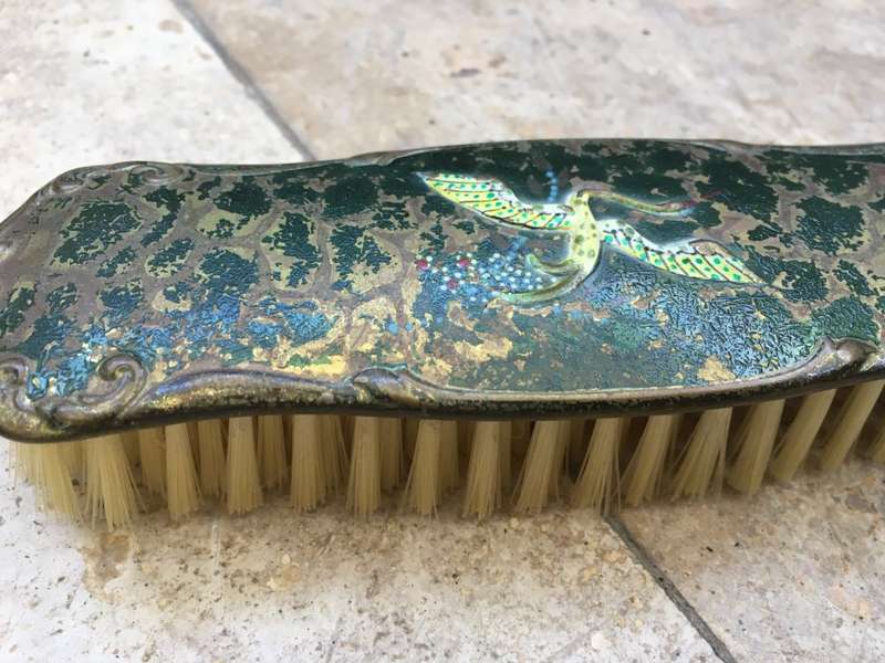 vintage clothes hair brush pair , brass handled , hand painted