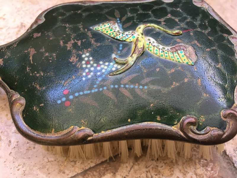 vintage clothes hair brush pair , brass handled , hand painted