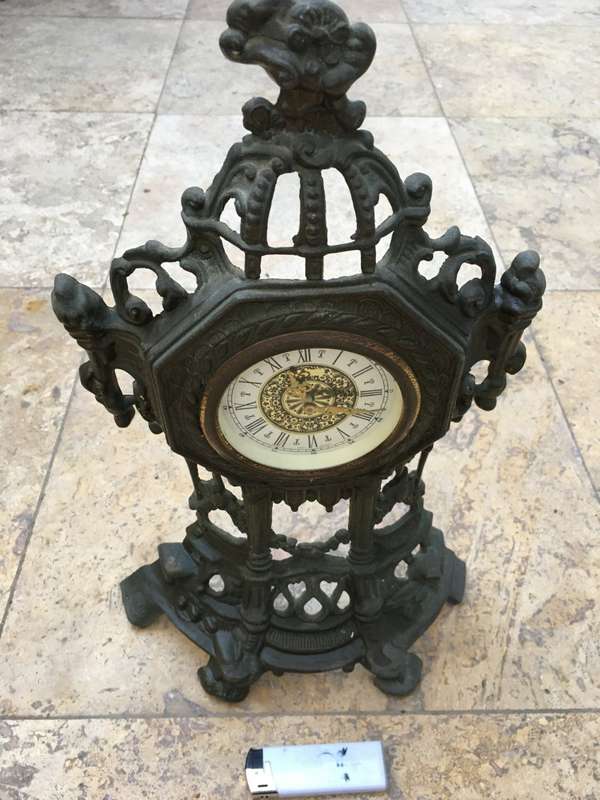 vintage  brass ornate mantle clock , clock needs tlc