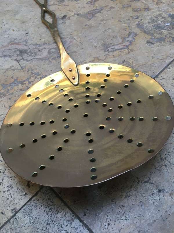 Vintage large Brass Strainer skimmer ladle Spoon and brass gravy ladle pair