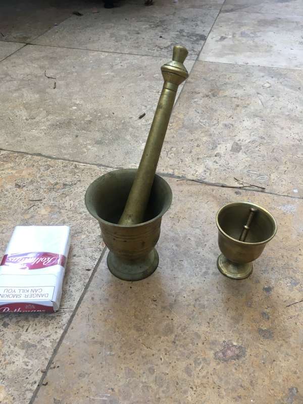 Brass mortar and pestle pair , small and medium