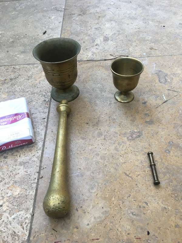 Brass mortar and pestle pair , small and medium