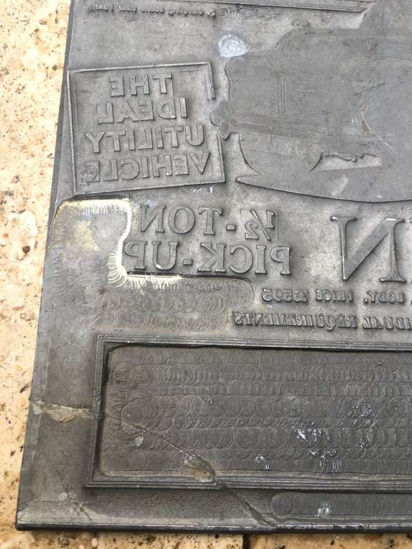 vintage lead printing plate ,advertising  Austin half ton pick up