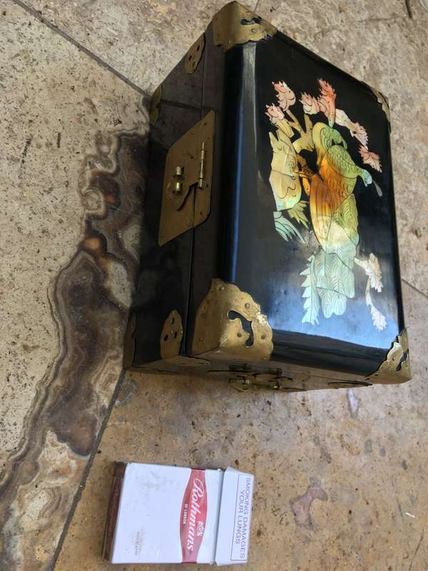 vintage  Chinese jewellery box inlaid laquered with latch brass fittings