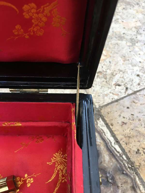 vintage  Chinese jewellery box inlaid laquered with latch brass fittings