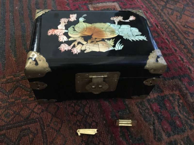 vintage  Chinese jewellery box inlaid laquered with latch brass fittings