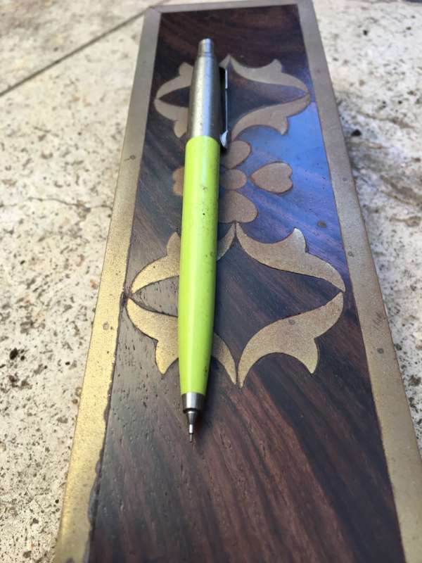 vintage rosewood box with brass inlay , and an old parker pencil made in UK