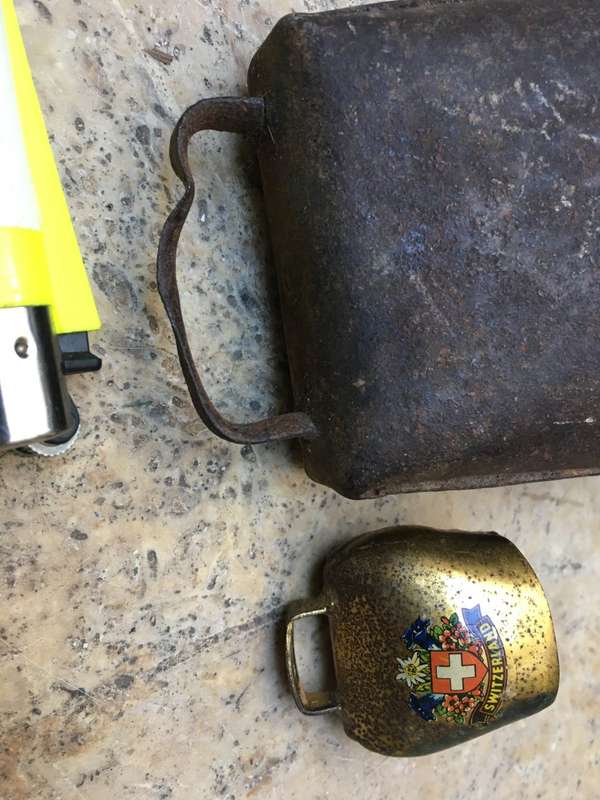 vintage primitive Cow bell , with a small swiss cow bell small