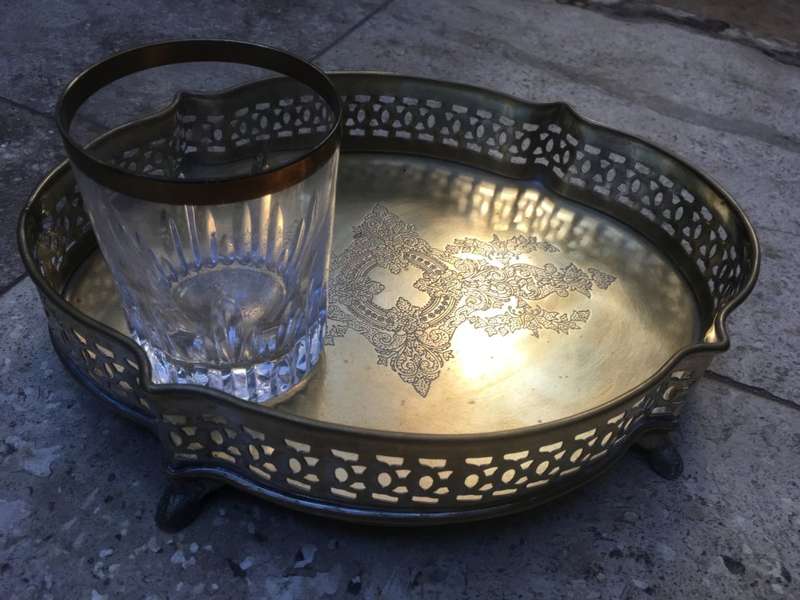 vintage drinks tray brass with ornate design footed