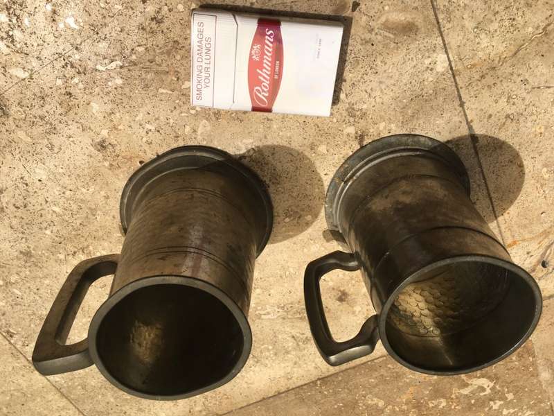 vintage tankard glass bottom with another both english pewter