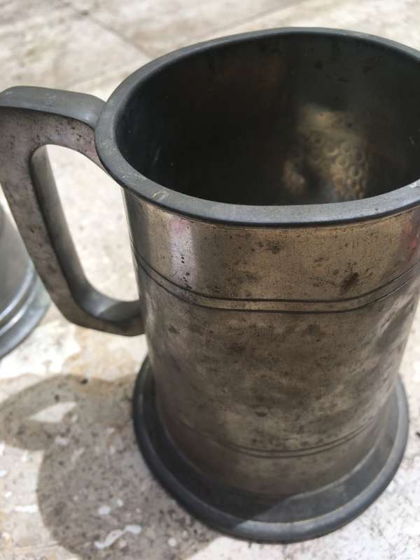 vintage tankard glass bottom with another both english pewter