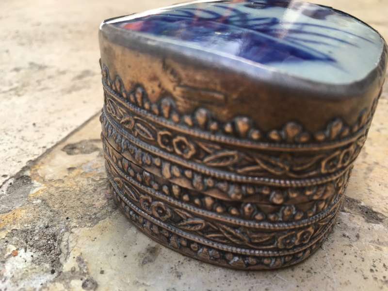 vintage trinket box , powder buff with ormolu decorative sides, made in Belgium