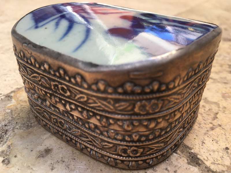 vintage trinket box , powder buff with ormolu decorative sides, made in Belgium