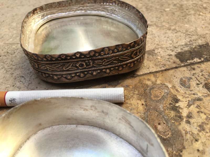 vintage trinket box , powder buff with ormolu decorative sides, made in Belgium