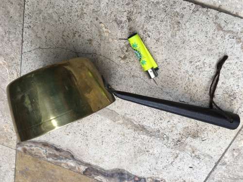 vintage heavy brass pot pan with metal handle , COUNTRY KITCHEN