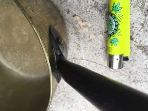 vintage heavy brass pot pan with metal handle , COUNTRY KITCHEN