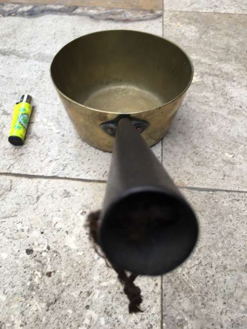 vintage heavy brass pot pan with metal handle , COUNTRY KITCHEN