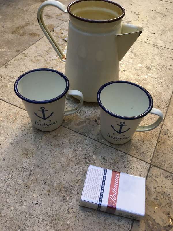 vintage enamel coffee pot with 2 enamel maritime cups