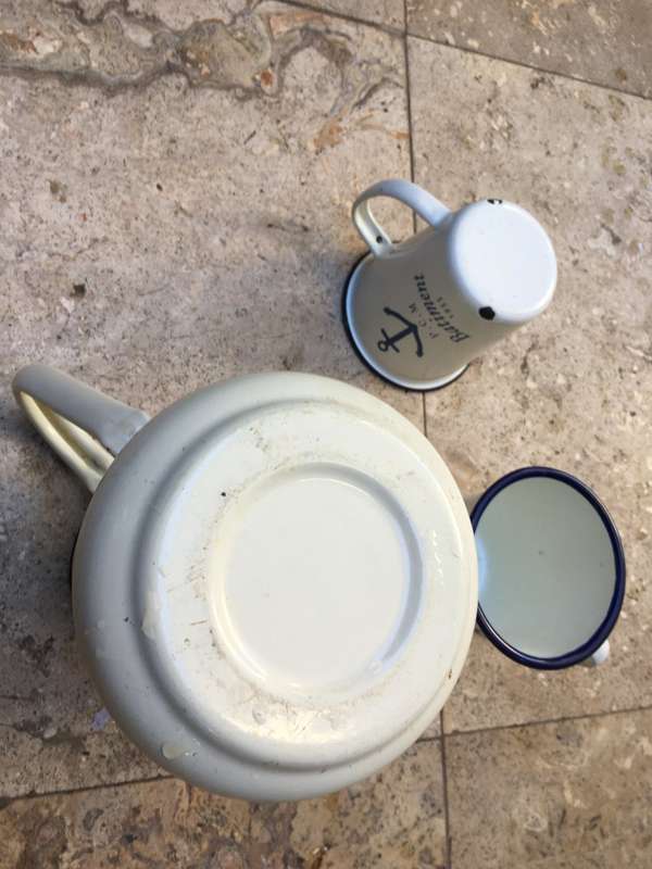 vintage enamel coffee pot with 2 enamel maritime cups